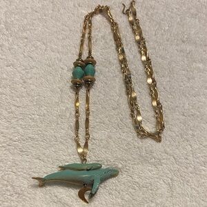 Vintage Gold and Turquoise-patina Whale Pendant Necklace